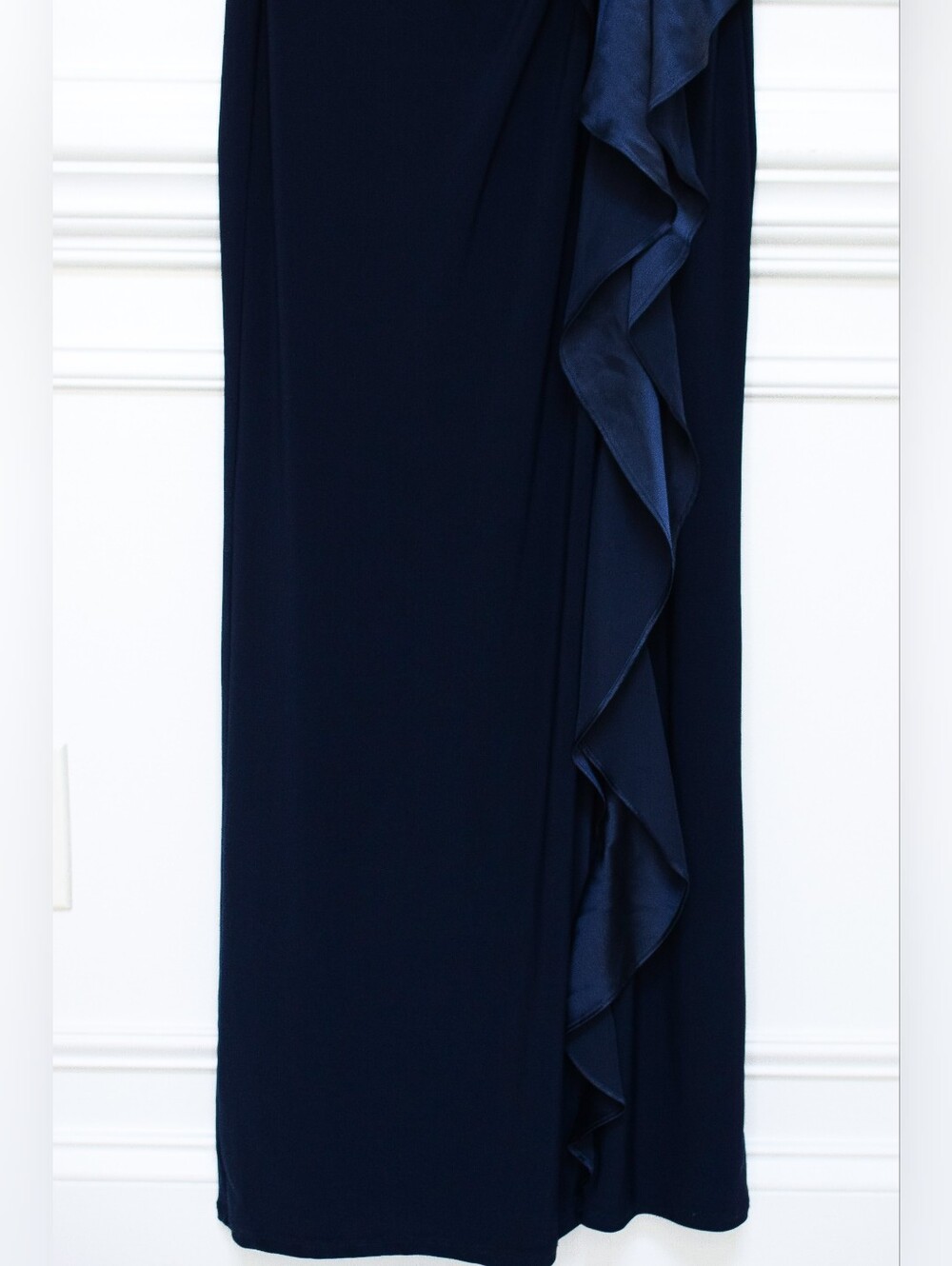 Lauren Ralph Lauren Navy Blue Ruched Evening Gown Ruffle Trim Side Slit Size 6 - Picture 7 of 14